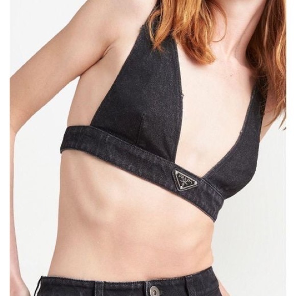 Prada Logo Denim Bralette Top in Black, xs to small fit - Picture 2 of 9